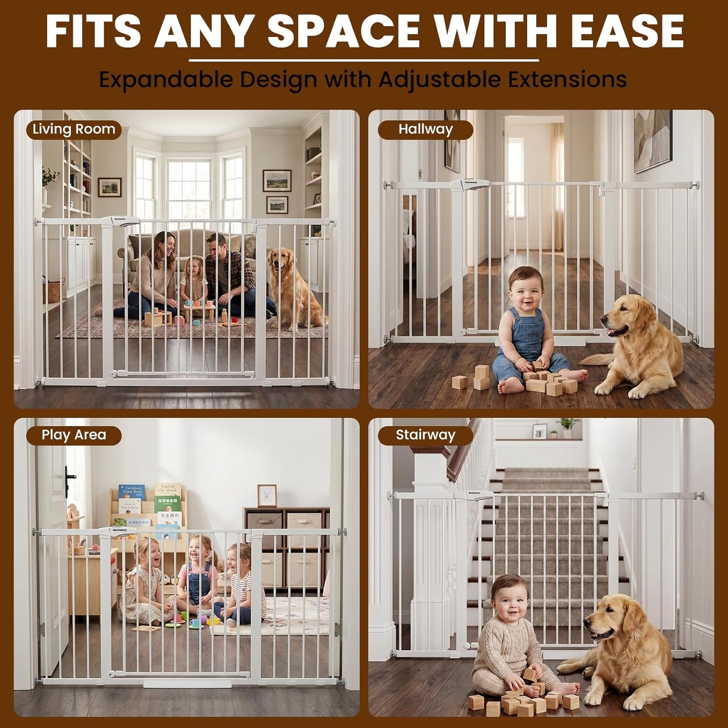 Mumeasy Baby Gate Extra Wide, 29.7-51'' Pressure Mounted Dog Gate with Walk Thru Door, Auto Close Pet Gate for House, Stairs, Doorways,Black