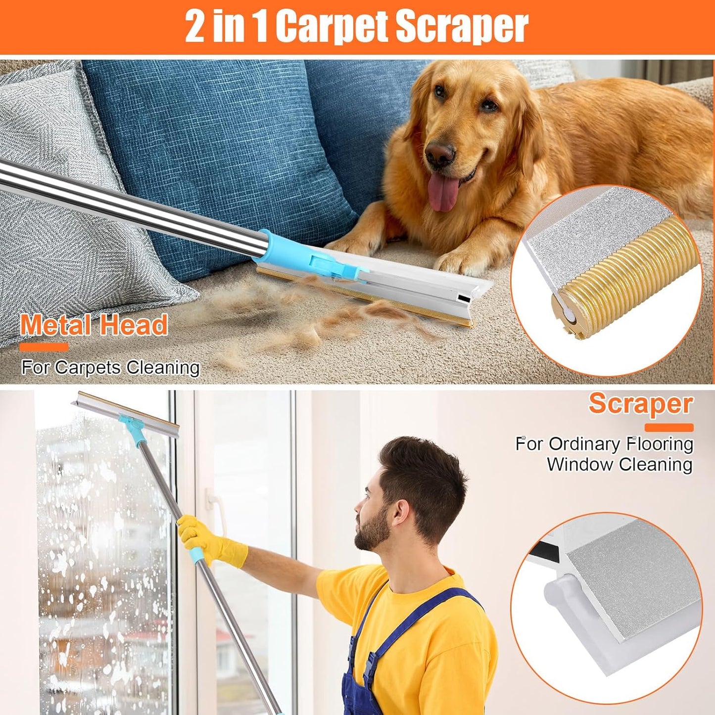 Carpet Rake for Pet Hair Removal, 2 in 1 Pet Hair Remover Tool with Squeegee, Durable Sturdy Dog Cat Hair Rake, 60‘’ Adjustable Handle, 12'' Wide Rake Scraper Carpet Broom for Carpet Rug Mat Cleaning