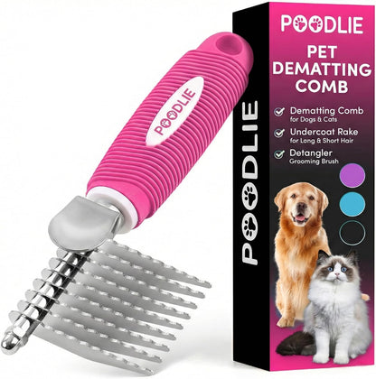 Poodle Dematting Fur Rake Comb Brush for Dogs and Cats - Long 2.5" Steel Safety Blades Metal Comb for Detangling Matted or Knotted Undercoat Hair (Orange)