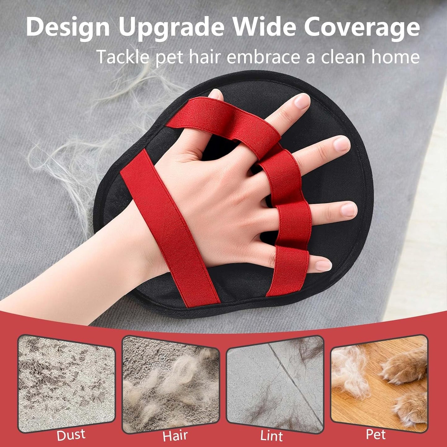 Pet Hair Removal Glove for Dogs & Cats, Reusable Washable Electrostatic Pet Hair Remover Glove, Pet Hair Mitt with Finger Straps for Couch, Carpet, Car Seats, Clothes, Furniture, Red