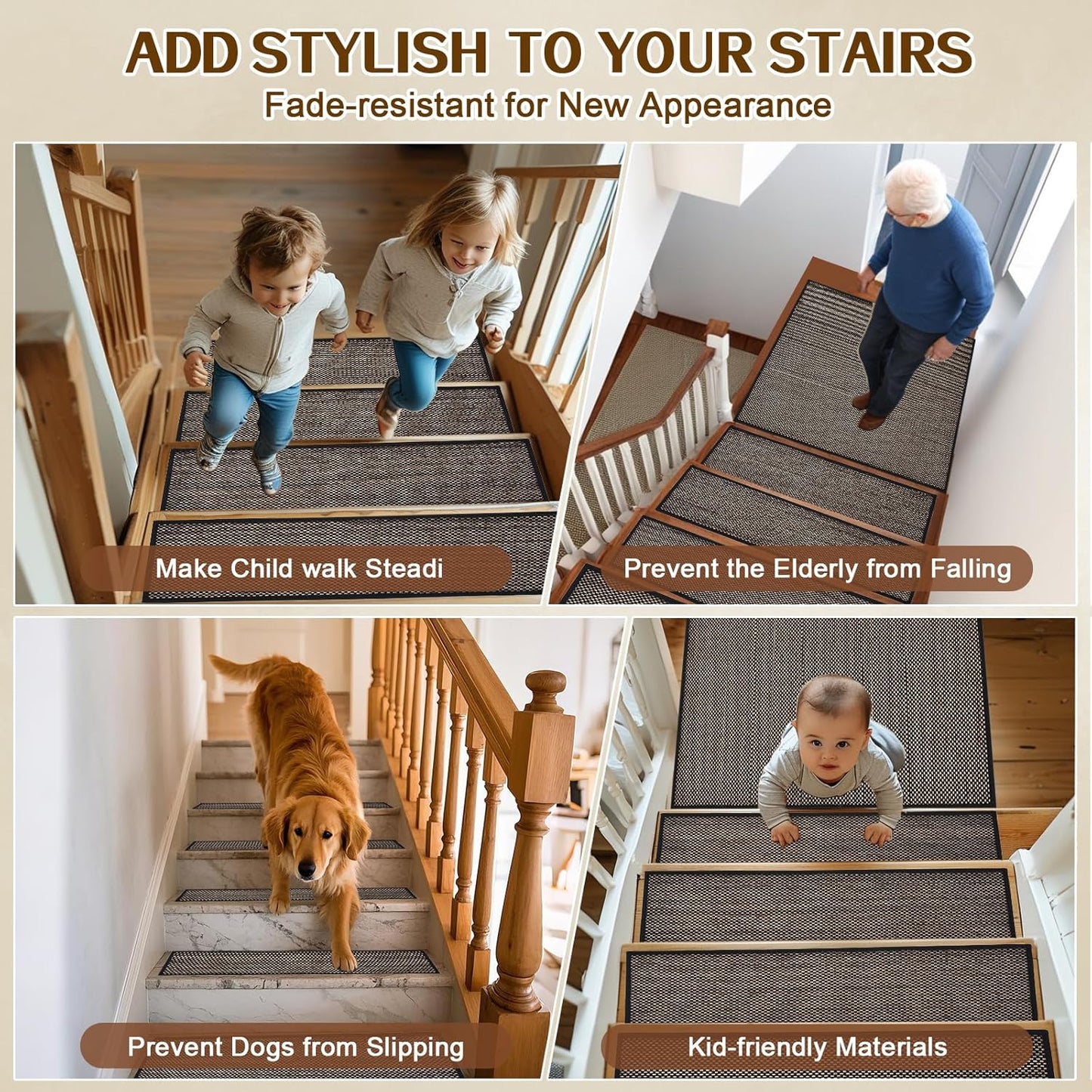 Stair Treads Non Slip, Rubber Backing Stair Treads for Wooden Steps, 15 PCS Thicken Linen Carpet Stair Runners Indoor for Kids Elders and Pets, No Residue Stair Carpet Treads, 8"x30", Beige