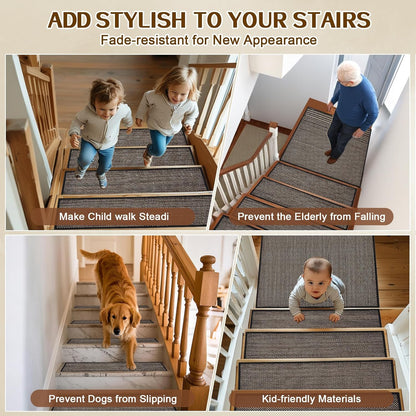Stair Treads Non Slip, Rubber Backing Stair Treads for Wooden Steps, 15 PCS Thicken Linen Carpet Stair Runners Indoor for Kids Elders and Pets, No Residue Stair Carpet Treads, 8"x30", Beige