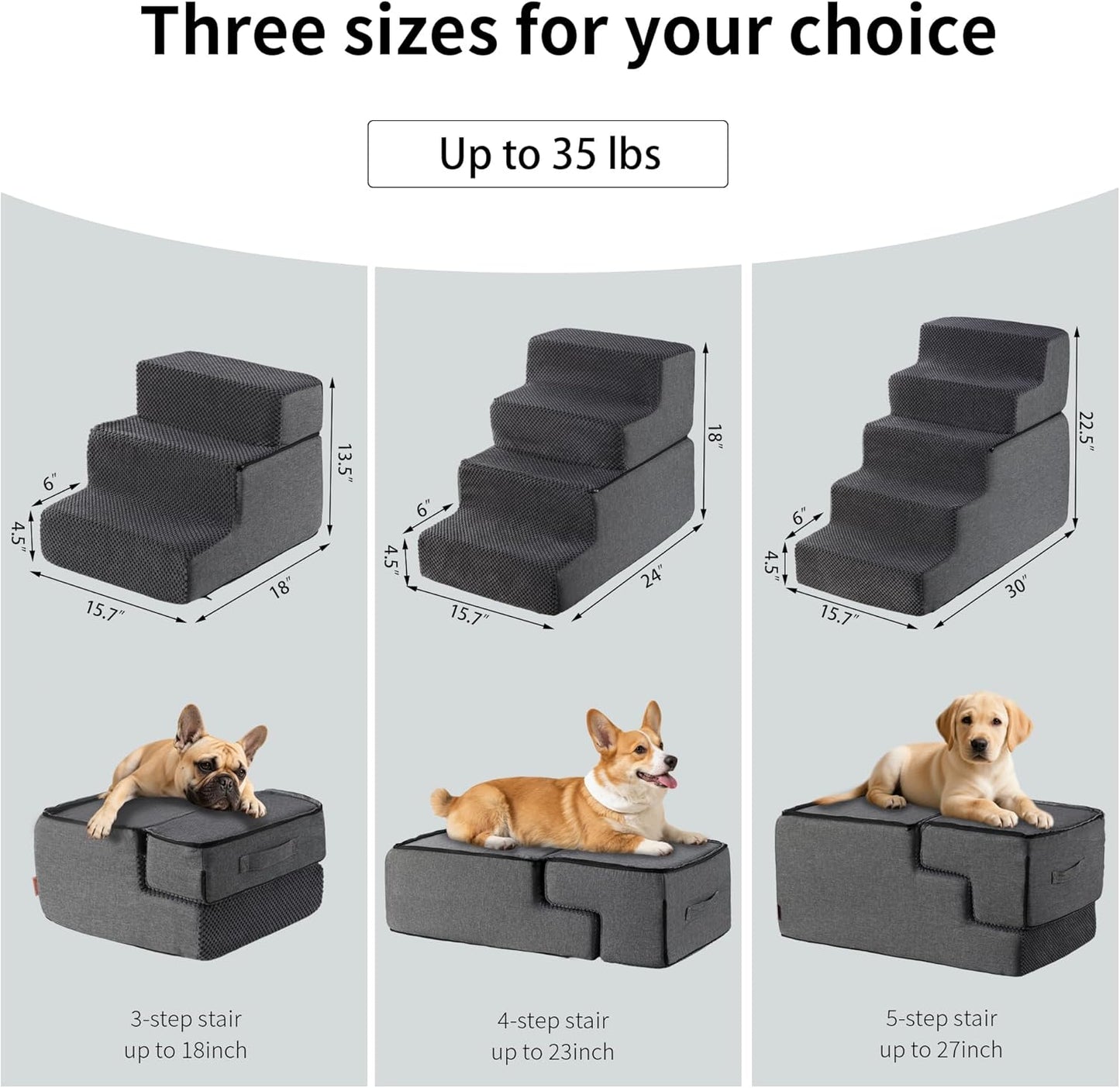 Dog Stairs for Small Dogs & Cats 13.5" H, 3-Step Non-Slip Dog Steps for Bed, Sofa and Chair, Pet Stairs with High Density Foam, Grey