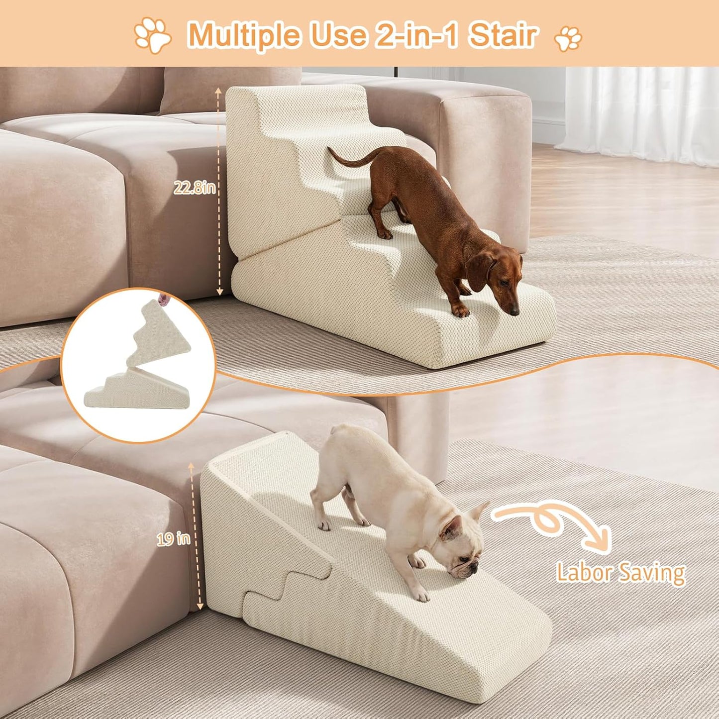 Dog Ramp for Bed, 23" H Dog Stairs for High Bed, 2 in 1 Pet Steps for Small Dogs, 5-Step Foldable Transformable Large Cats Ramp to Get on Couch, Non-Slip Balanced, Grey