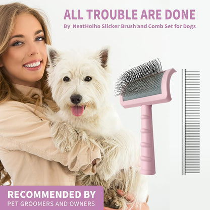 Large Slicker Brush & Green-comb Value Kit, Extra Long Pin Dog Grooming Brush for Curly Hair Goldendoodles, Removes Long and Loose Hair & Undercoat