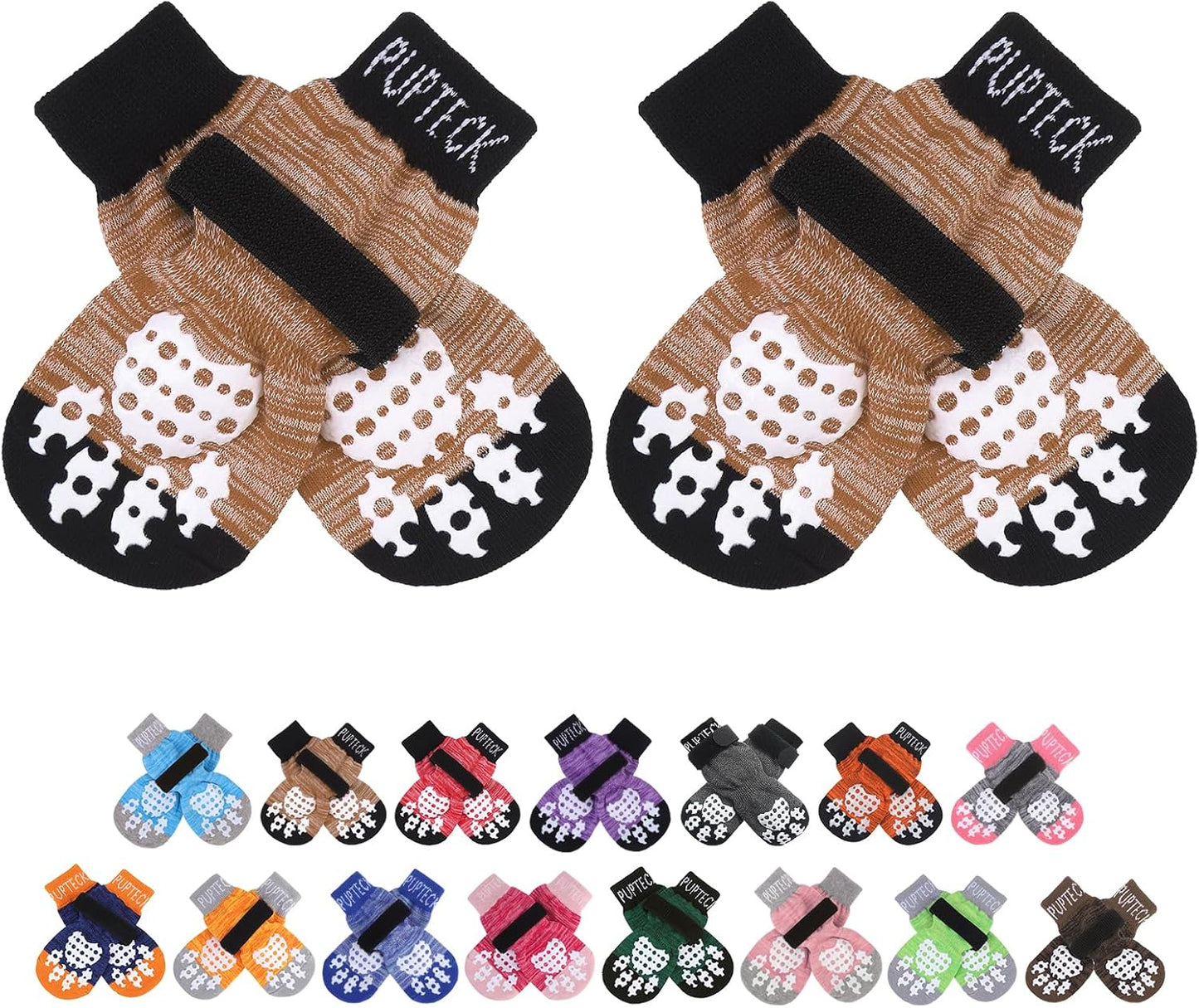 PUPTECK Anti-Slip Dog Socks with Double Sides Grips for Small Medium Large Dogs Hardwood Floors Prevents Licking, Dog Shoes for Hot Pavement Traction Control Paw Protector for Senior Dogs, Grey L