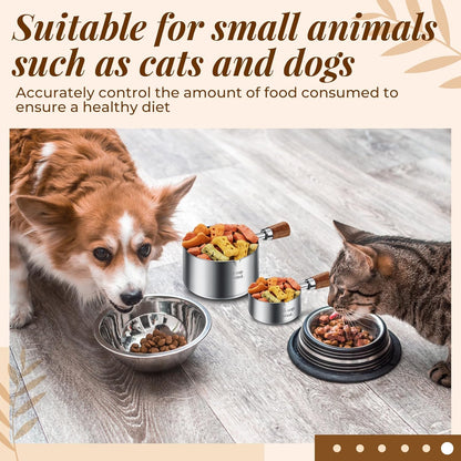 SiliFine 3 Pcs Dog Food Scoop 1 Cup, 1/2 Cup, 1/4 Cup Stainless Steel Pet Food Scoop Measuring Cup with short Handle for Dog Cat Rabbit Food Feeding Kitchen Gadget Utensil