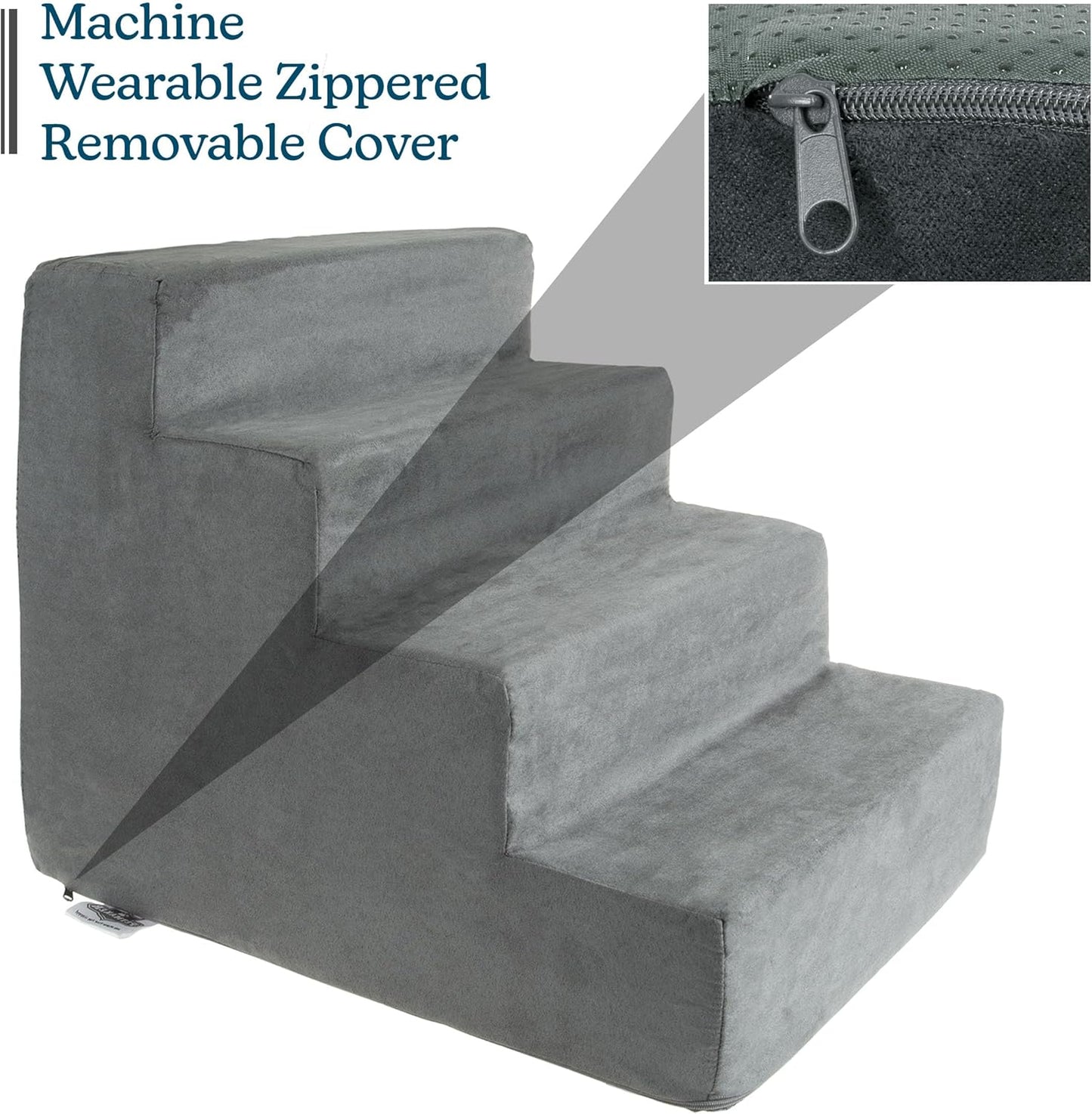 3-Step Pet Stairs - Nonslip Foam Dog and Cat Steps with Removable Zippered Microfiber Cover - 2-Tone Design for Home or Vehicle Use by PETMAKER (Tan)