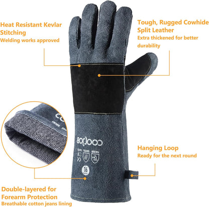 COOLJOB Bite Proof Animal Handling Gloves, Cowhide Leather with Kevlar Stitching for Cat Grooming, Dog Training, 16/22”