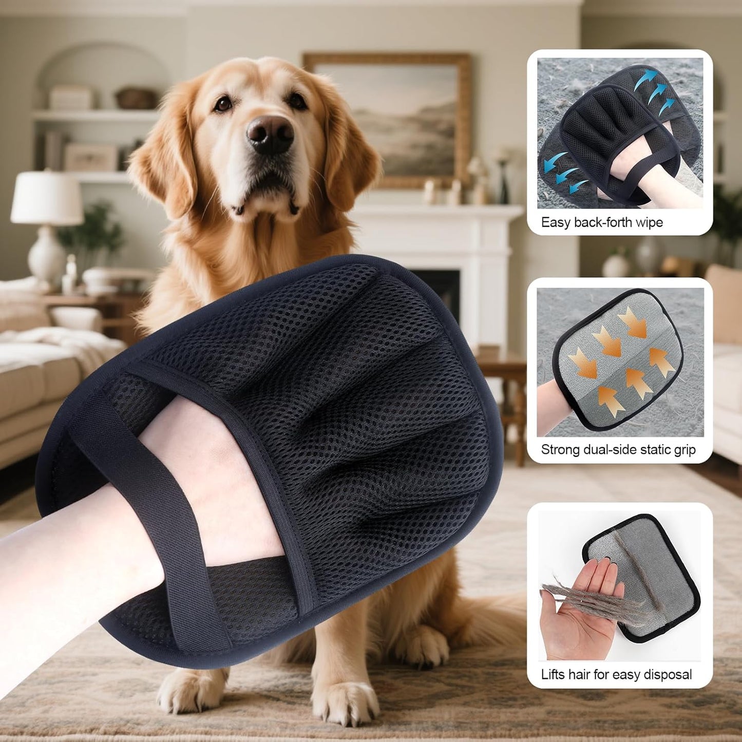 2Pcs Pet Hair Removal Glove for Cats & Dogs, with 2Pcs Toothbrush, Upgraded Five-Finger Electrostatic Pet Hair Gloves, Washable Reusable Pet Hair Remover Tool for Clothing, Couch, Carpet, Car Seat