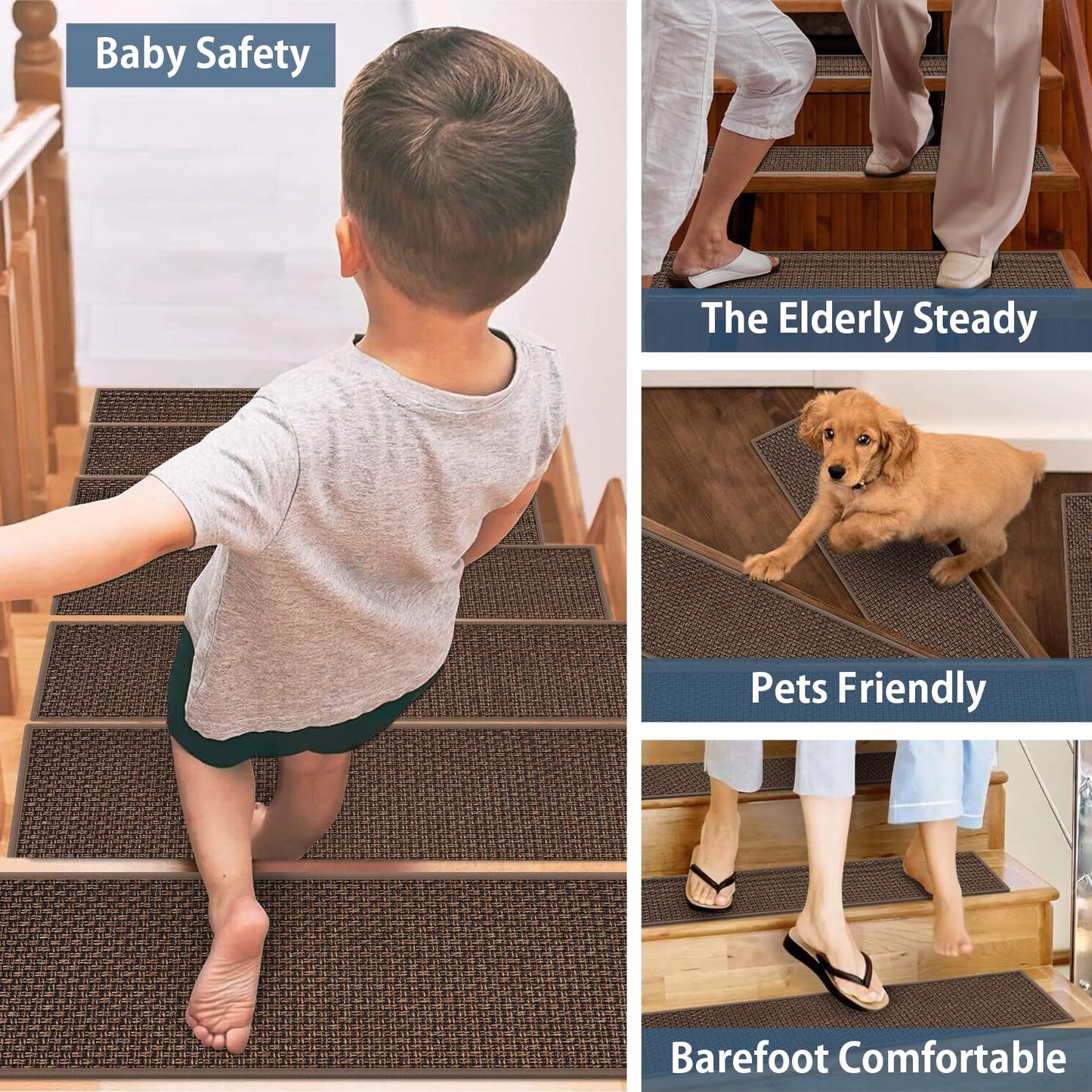 Peel and Stick Adhesive Stair Treads for Wooden Steps Indoor Set of 15 Pack, Rubber Backed Non Slip Jute Stair Rug Step Pads for Pet Dog, Elders and Kids, Beige