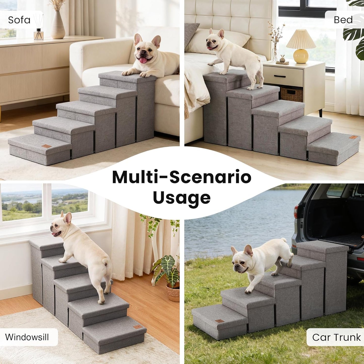 Love's cabin Dog Stairs with Storage 13" H, Foldable Pet Stairs for Small Medium or Large Dogs, Cat Puppy Steps Ramp with Zip up to 150 lbs, Solid Grey, 2 Steps