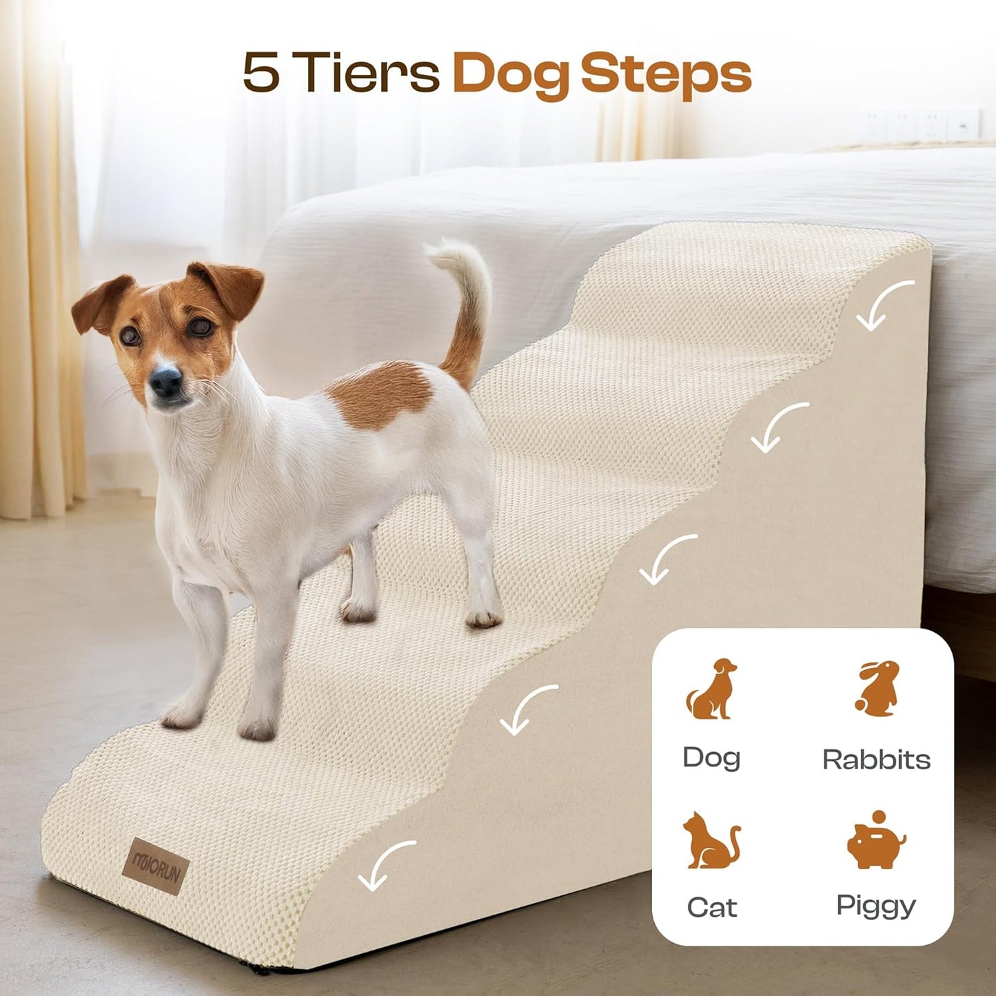 Dog Stairs for High Beds Up to 30", Extra-Tall 5-Step Dog Steps for Bed, 24.5" Tall Foam Pet Stairs for Small & Medium Dogs, Gentle Slope Cat Ramp for Bed with Washable Cover