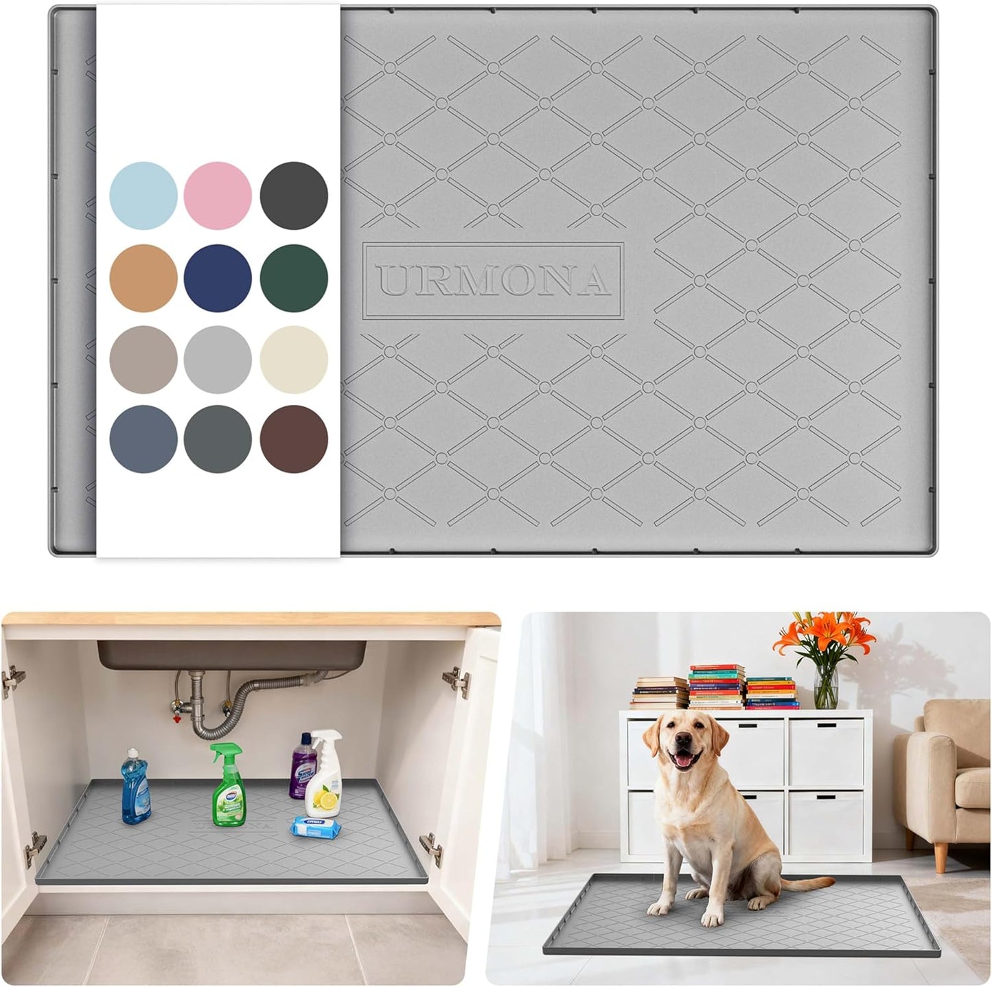 URMONA Under Sink Mat for Kitchen Waterproof, 34" x 22" Silicone Under Sink Mat for Shelf Liner Organizer, Cabinet Sink Protector Under Sink Liner for Bottom Kitchen, Bathroom(Light Grey)