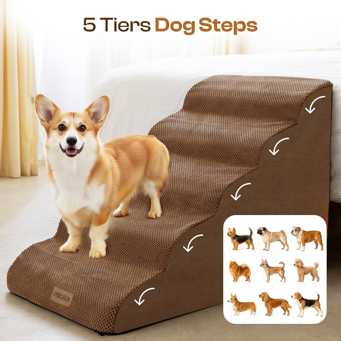 Extra Wide Dog Stairs for Large Dogs Up to 80lbs, 25" Pet Steps for High Bed with Washable Cover, 5-Step Foam Bed & Couch Ladder for Small Medium Dogs & Senior Cat, Gray
