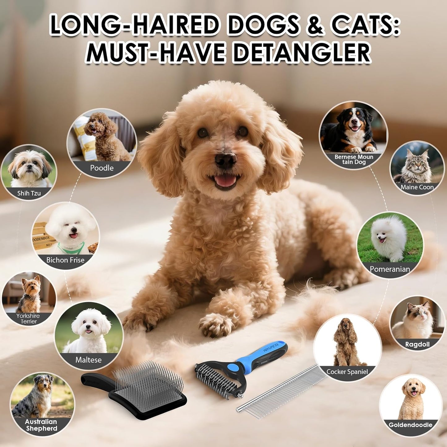 Large Dog Slicker Brush for Goldendoodles, Poodles - 3 in 1 Grooming Kit with Undercoat Rake, Comb - Extra Long Pins for Dematting Great Pyrenees, Thick Coats, Shedding, Detangling, Natural