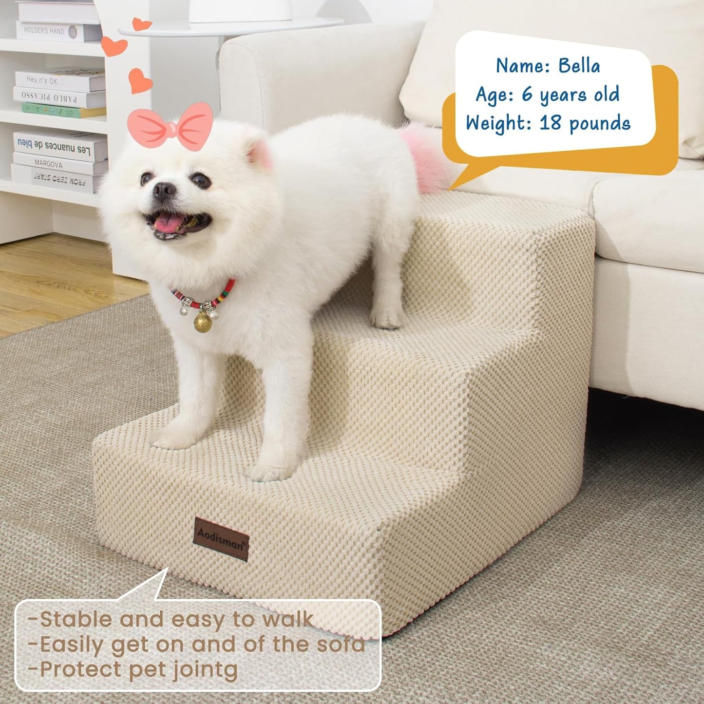 Aodisman Dog Stairs for Small Dogs, 3-Step Non-Slip Pet Stairs for Couch Sofa and Chair, Dog Bed Stairs for Puppy, Older Cat,Grey,13.6" H