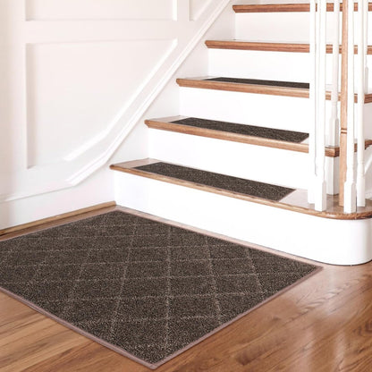 COSY HOMEER Edging Stair Treads Non-Slip Carpet Mat 28inX9in Indoor Stair Runners for Wooden Steps, Edging Stair Rugs for Kids and Dogs, 100% Polyester TPE Backing (7pc, Beige)