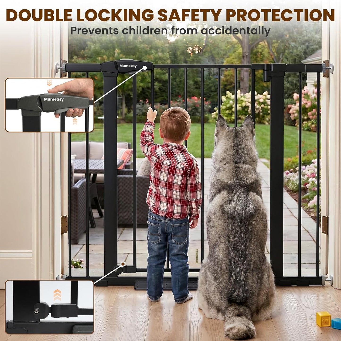 Mumeasy 29.7-46" Baby Gate for Stairs, Pressure Mounted Dog Gate for Doorways, Auto Close Walk Through Pet Gate Indoor, Extra Wide Metal Child Safety Gate, Mom's Choice Awards Winner, Black