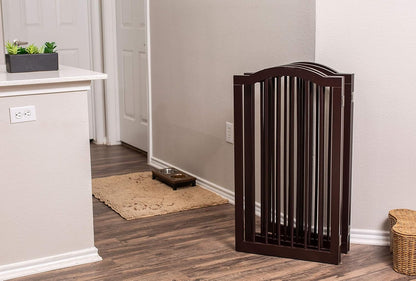 INTERNET'S BEST Arched Top Dog Gate | 4 Panel, 24" H Wooden Pet Barrier for Dogs or Cats | Freestanding Folding Room Divider for Doorways, Hallways, Stairs, and Porch | Portable, Extra Wide | Espresso