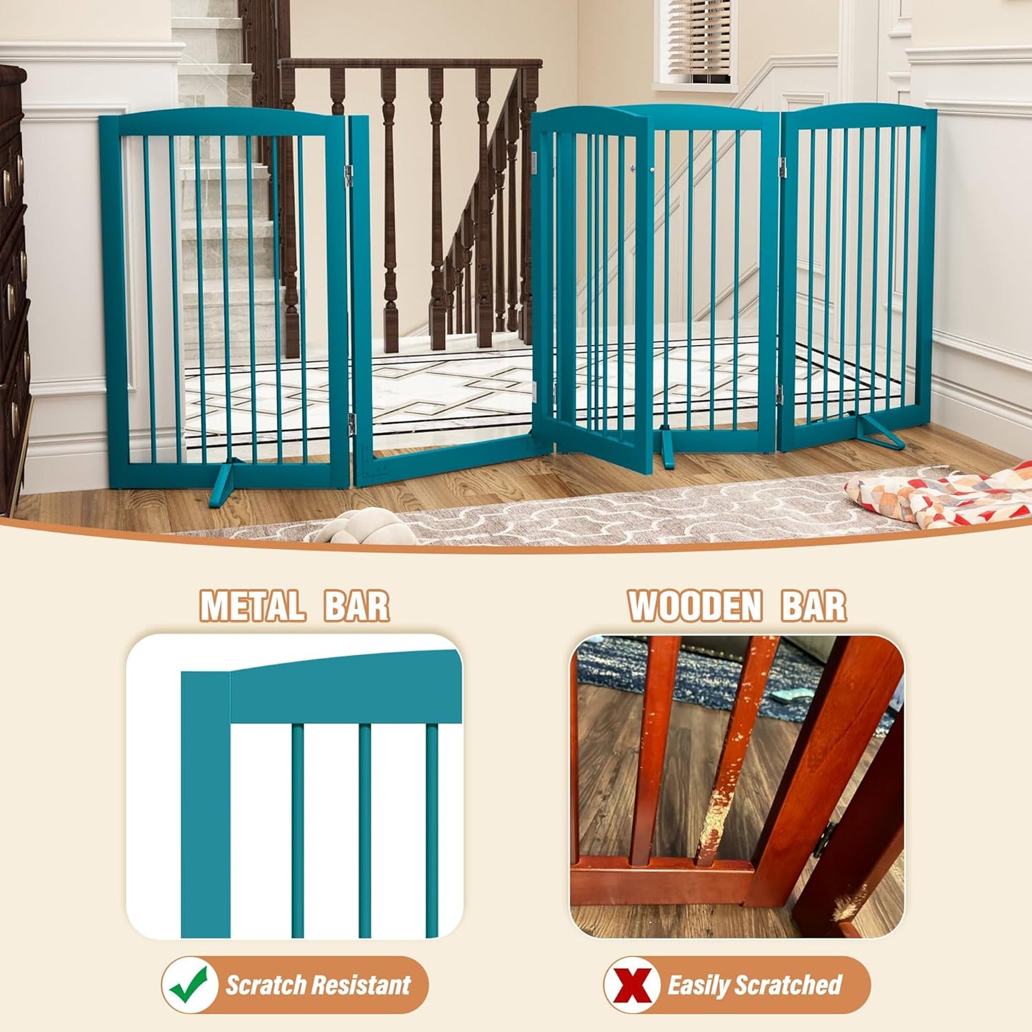 PUPETPO Freestanding Dog Gate with Door, Pet Gate for Stairs, 80 inch Wide Pet Barrier Indoor, Dog Fences Indoor, Support Feet Included, 4 Panels, 24" Tall, Dark Brown