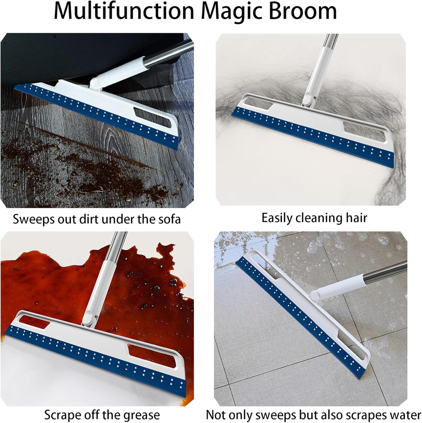 Rubber Air Broom Multifunction Silicone Floor Squeegee, Air Broom for Floor with 56" Long Handle, 4-in-1 Rubber Sweeper for Dirt, Liquids, Pet Hair, Tile Hardwood Floors, Carpet, Living Room (Purple)