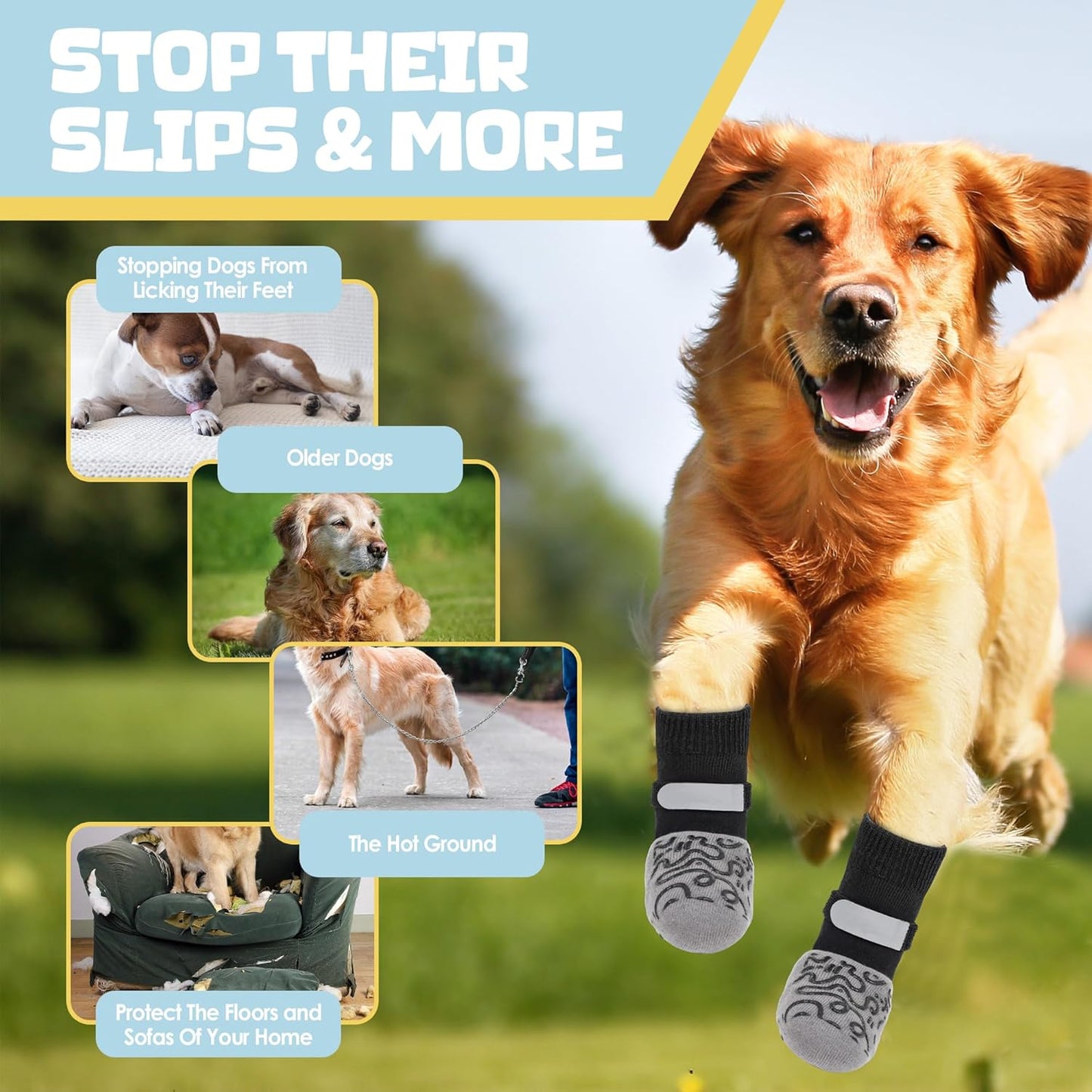 6Pcs Non Slip Dog Socks for Hardwood Floors, 3rd Gen Dog Paw Protector, Prevent Licking Paws, Double Sided Grips and Reflective Straps, Large Size