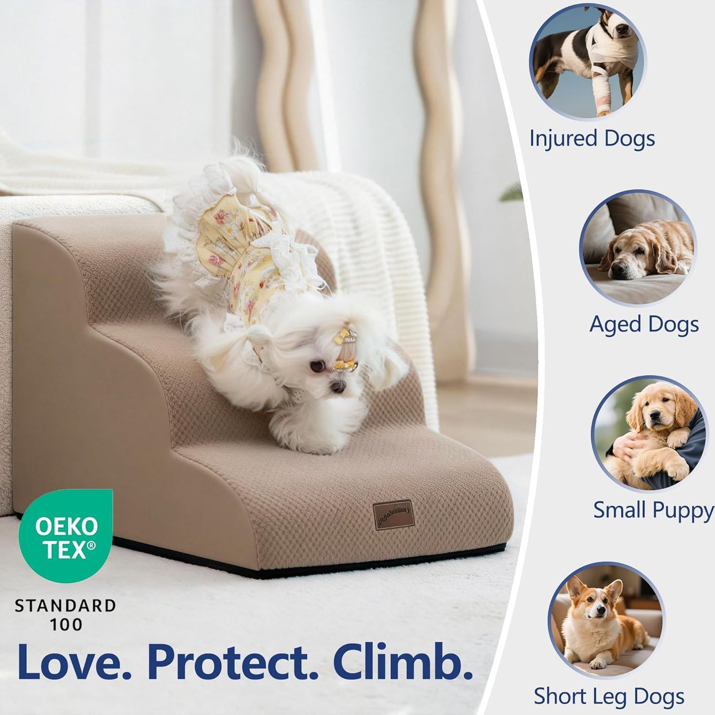 GoGoBunny Ramp Dog Stairs for Couch Sofa and Chair 15.7" H, 3-Step Pet Steps for Small Dogs and Cats, Non-Slip Waterproof Fabric Cover, Stable and Balanced Indoor Step, Pets Friendly, Grey