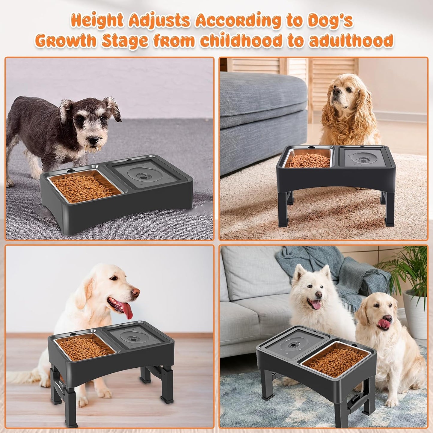 Decflow 3-in-1 Elevated Dog Bowls, 4 Height Adjustable Raised with Stainless Steel, Slow Feeder, No Spill Water Bowl, DIY Stickers Foldable Pet Bowl for Medium Large Dogs