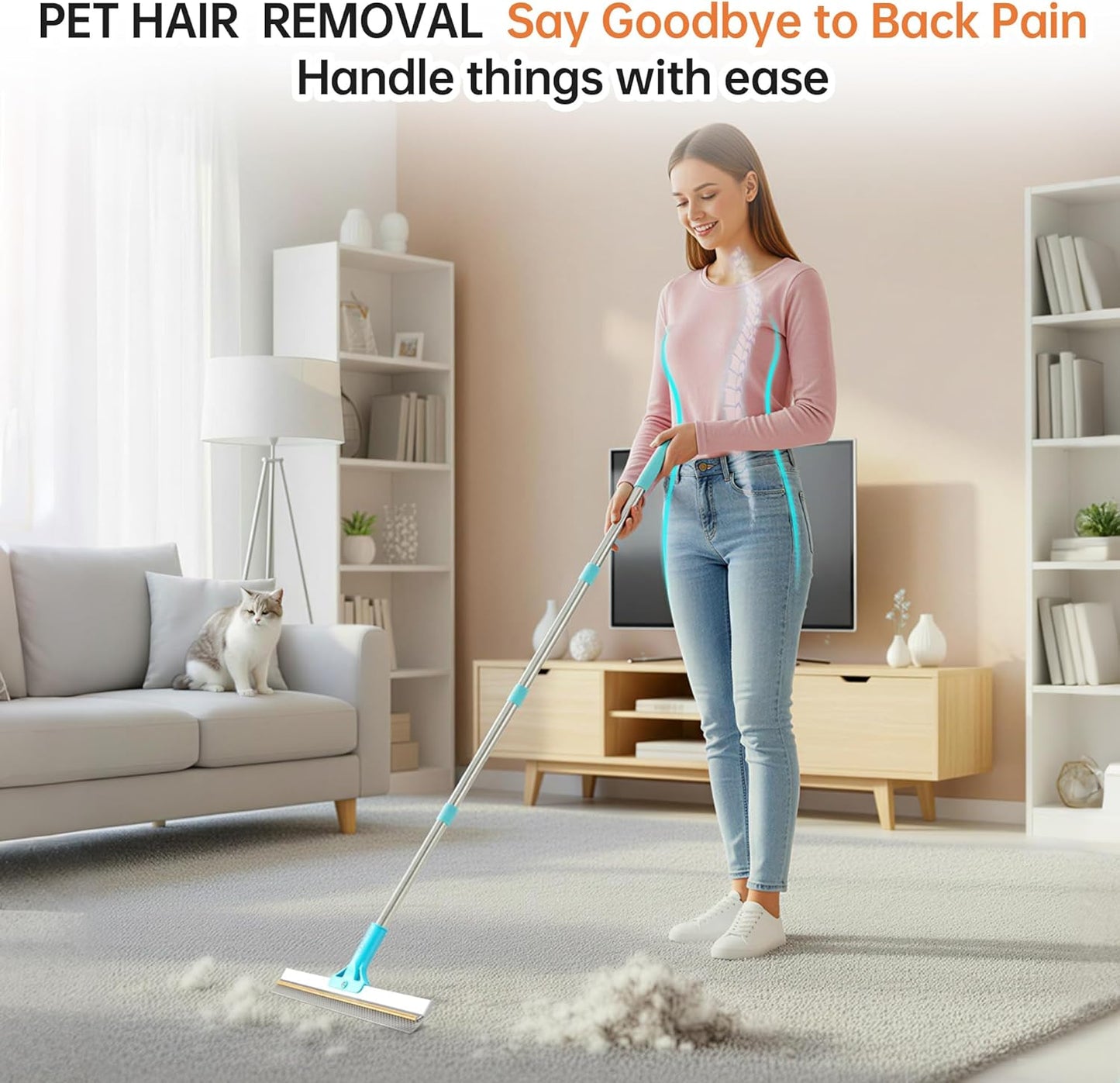 Carpet Rake for Pet Hair Removal Tool, 2 in 1 TPU and Copper Rake Teeth Uproot Clean Hair Remover with 63’’ Adjustable Long Handle,Cat & Dog for Carpets,Rugs, Mats (63’’ Long Handle+1 Short Handle)