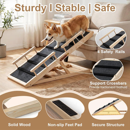 Dog Ramp for Bed, for Couch, 47.24" Long Wooden Pet Ramp for Small & Large Dogs to Get on Bed Couch Car Up to 200LBS, 4 Adjustable Heights (13.7"-24.6"), Foldable Dog Bed Ramp with Anti-Slip Surface