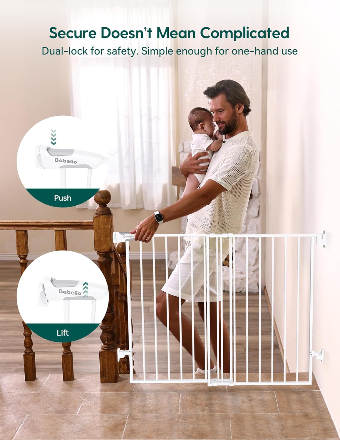 Babelio Baby Gate for Stairs, Kitchen & Doorways, 26-43" W 28" H No Bottom Bar| Easy Installation| One-Handed Operation| Auto-Close| Hardware Mount (Drill Needed) Safety Dog/Pet Gate Indoor (White)