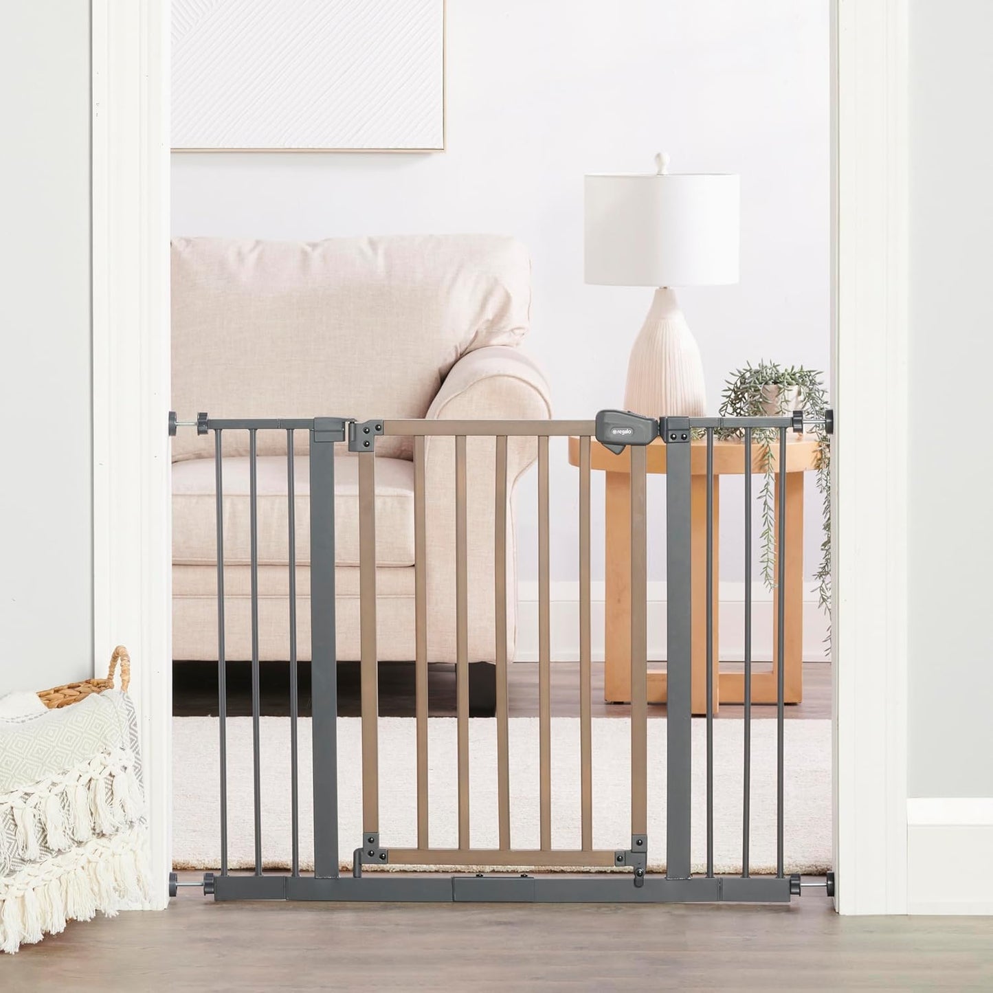 Regalo Safety 30.5-58" Extra Wide Arch Baby Gate with Door, Pressure Mount Walk Through Gate for Doorways & Bottom of Stairs, Babies, Toddlers & Pets, Tested & Safe, American Designed, American Owned