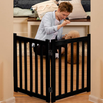 LZRS 2-Panel Wooden Free Standing Foldable Dog Gate Indoor – Solid Hardwood 24" High, Step-Over Safety Pet Gate for Doorways, Stairs & Small Spaces - Indoor Use, White