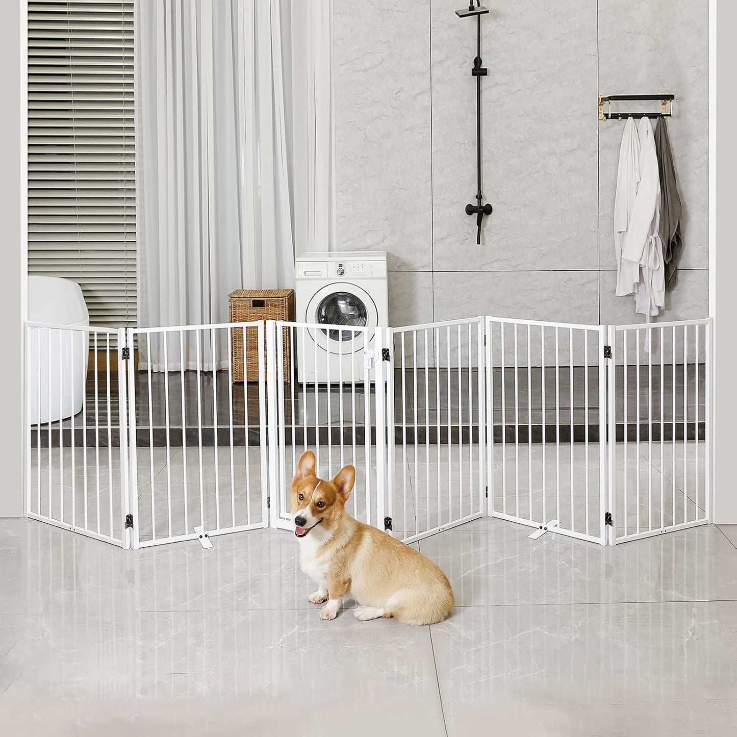 Metal Freestanding Dog Gates with Door for Outdoor Indoor,80'' Extra Wide 32'' Tall Free Standing Dog Gate for Doorways,Large Openings,Deck,Yard,Foldable Safety Pet Fence(Black,4 Panels)