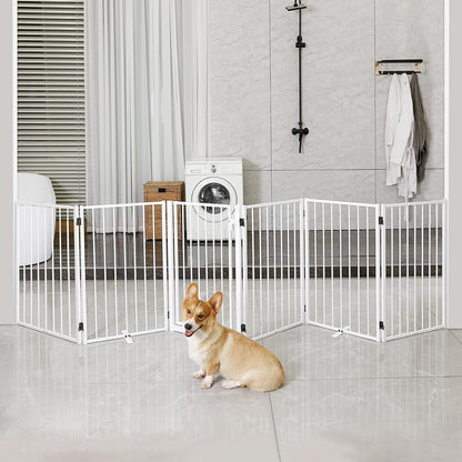 Metal Freestanding Dog Gates with Door for Outdoor Indoor,80'' Extra Wide 32'' Tall Free Standing Dog Gate for Doorways,Large Openings,Deck,Yard,Foldable Safety Pet Fence(Black,4 Panels)