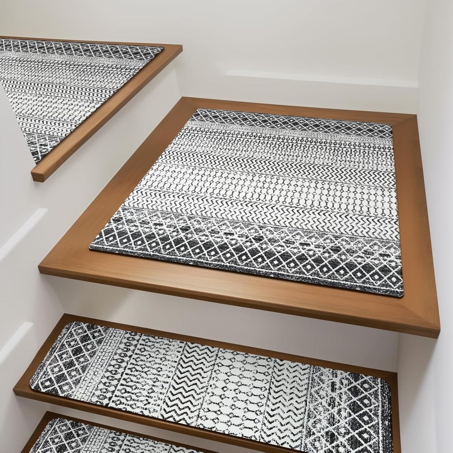 OJIA Boho Stair Treads Non-Slip Stair Runners for Wooden Steps Indoor 15PCS 30"x8" Washable Carpet Stair Treads Stair Mats Staircase Step Treads for Kids, Elders and Dogs, Stair Covers, Black