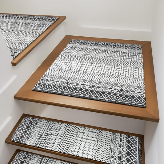 OJIA Boho Stair Treads Non-Slip Stair Runners for Wooden Steps Indoor 15PCS 30"x8" Washable Carpet Stair Treads Stair Mats Staircase Step Treads for Kids, Elders and Dogs, Stair Covers, Black