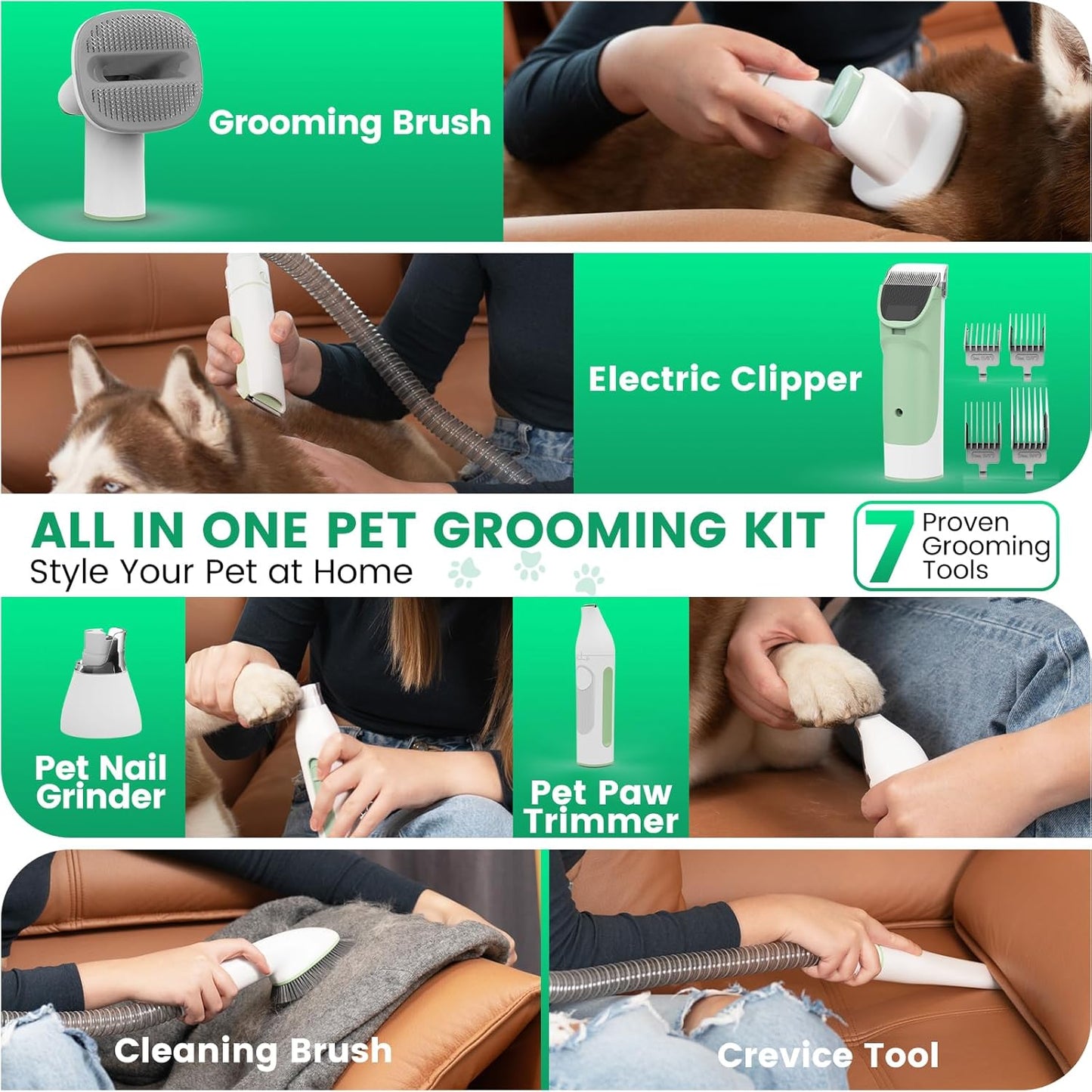 Dog Grooming Vacuum and Kit, Clipper Nail Trimmer Grinder, 2.5L Dust Cup 7 Grooming Tools 11000Pa Pet Vacuum for Shedding Grooming, Dog Hair Vacuum, Home Cleaning, PG50 Plus