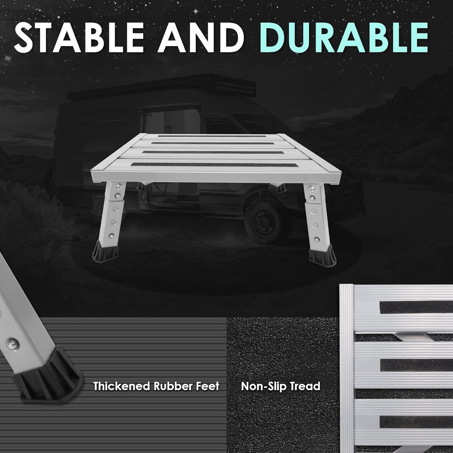 Adjustable Height Aluminum RV Step, Stable Foldable Platform Step Stool, Supports Up to 1,000 lb, Non-Slip Rubber Feet and Platform Mat, Easy to Carry (Black)
