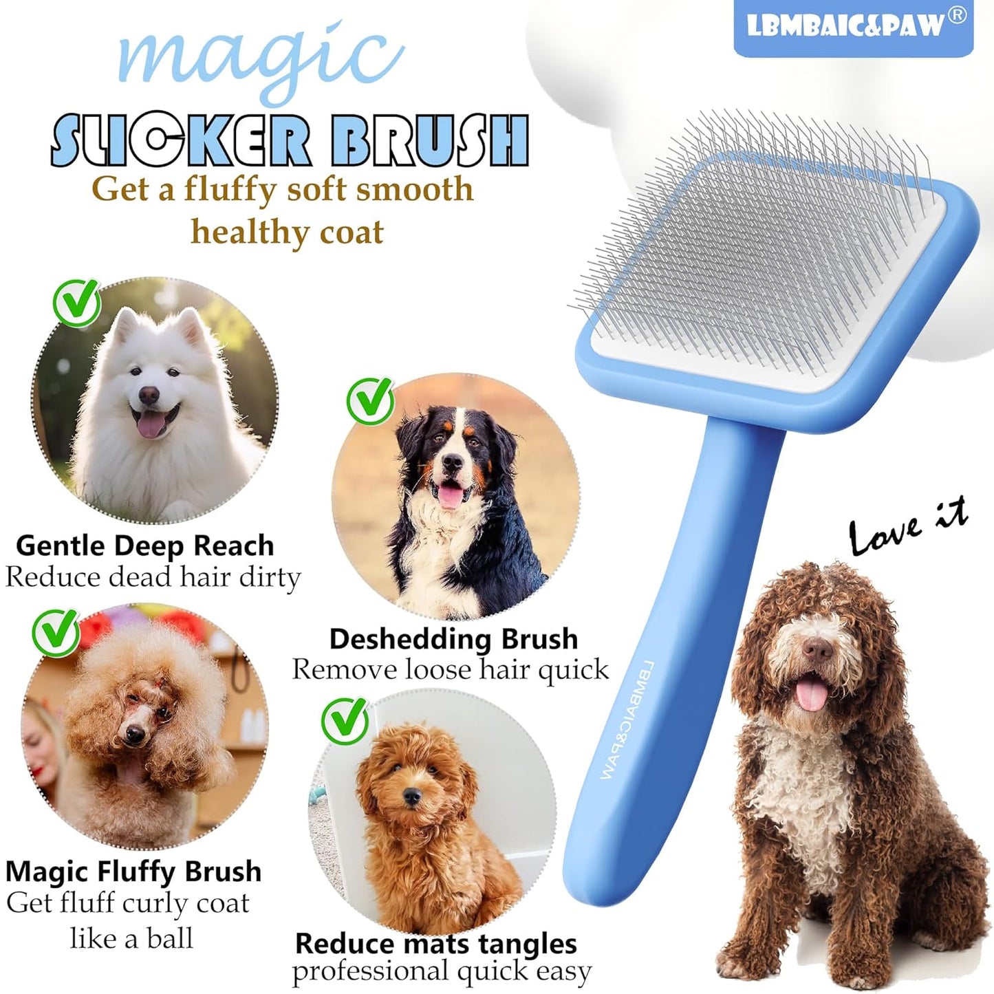 Dog Slicker Brushes for Poodles,Doodles,Goldendoodles,Bernedoodle.Dog Brushes for Thick Long Curly Fur Deshedding,Fluff,Grooming.Remove Loose Fur Quick Easy.Long Pin Slicker Brush.Wooden(Large)