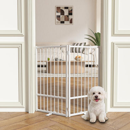 SNUOWU Full Metal Freestanding Dog Gate with Door, 32''Height Foldable Pet Dog Fence for Indoor & Outdoor, 4 Panels Extra Wide Free Standing TallDog Gates for Doorways,House,Stairs,Porch,Deck,Yard