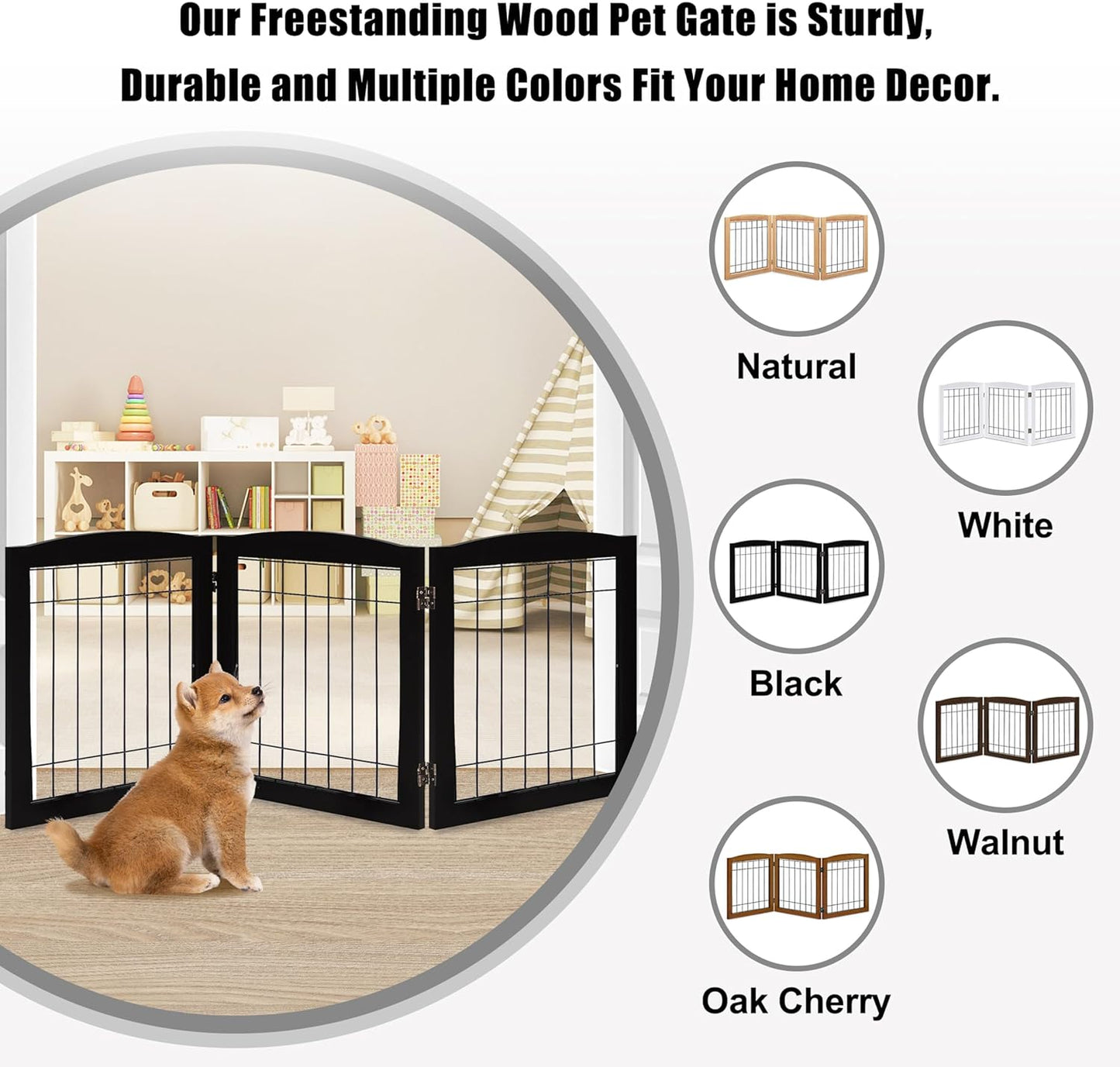 LZRS 2-Panel Freestanding Foldable Wood Dog Gate – Solid Wood & Steel Wire, Chew-Resistant Pet Barrier for Indoor Use, Ideal for Small to Medium Dogs, White