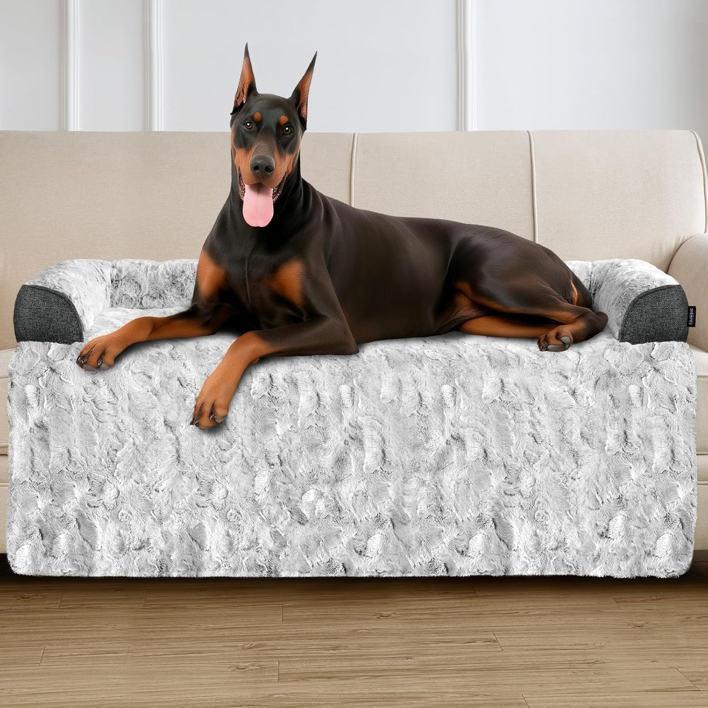 Calming Large Dog Bed for Couch, 41 x 37 inch Removable Couch Cover for Dogs Washable, Non-Slip Fluffy Plush Dog Sofa Mat for Furniture Protector - Grey