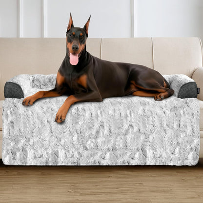 Calming Large Dog Bed for Couch, 41 x 37 inch Removable Couch Cover for Dogs Washable, Non-Slip Fluffy Plush Dog Sofa Mat for Furniture Protector - Grey