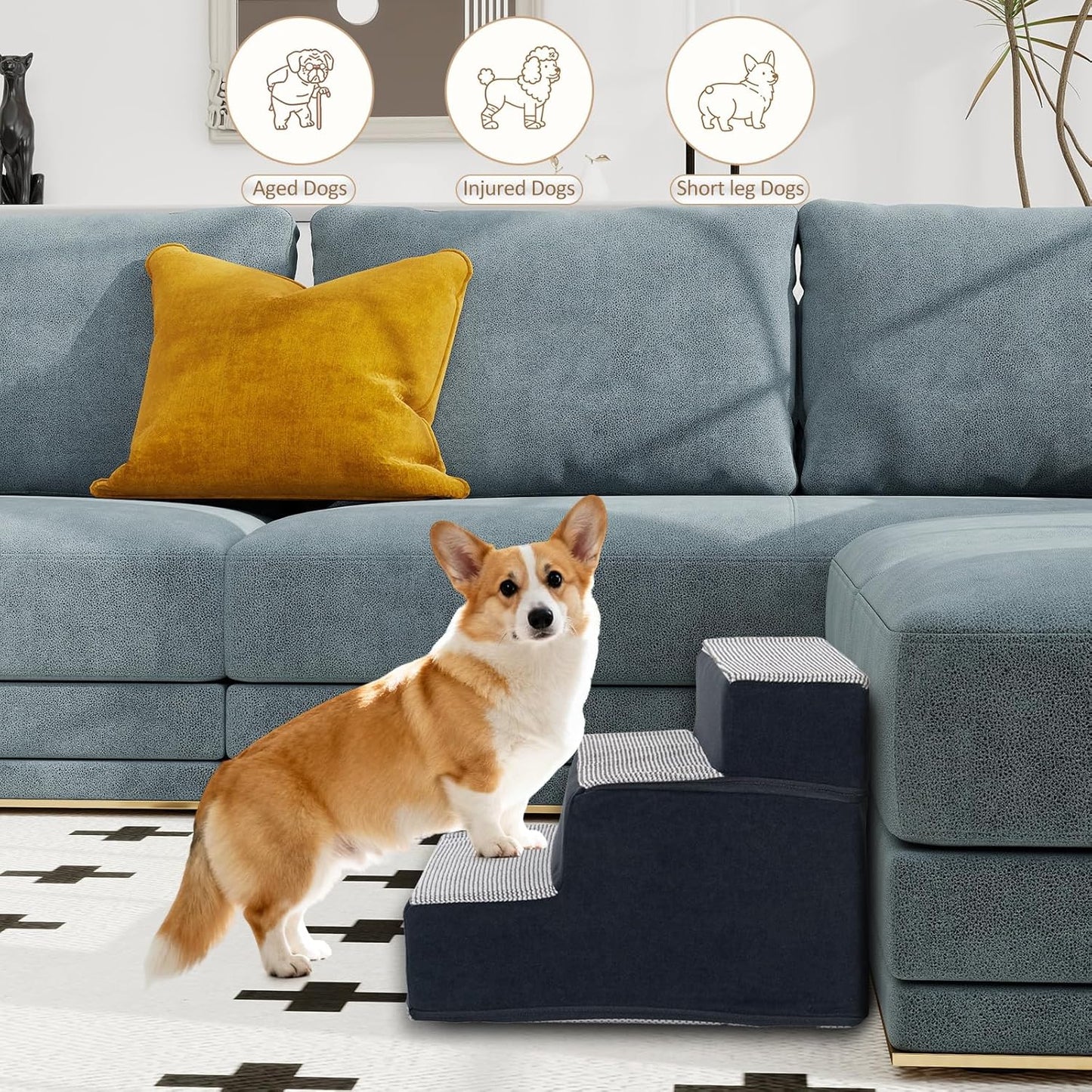 Dog Stairs for Small Dogs, 3 Step Dog Stair for High Bed and Couch, Non-Slip High Density Foam Sturdy Pet Steps with Removable Washable Cover for Older Cat