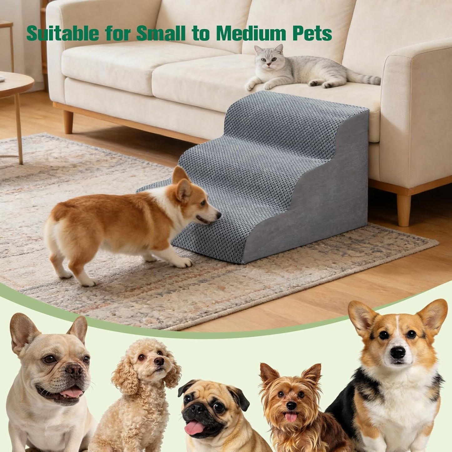 Dog Stairs for Couch, 3 Steps 13.8" H Non-Slip Pet Stair, Balanced Stable Pet Ramp for Small Dogs, Indoor Furniture Step, Gray