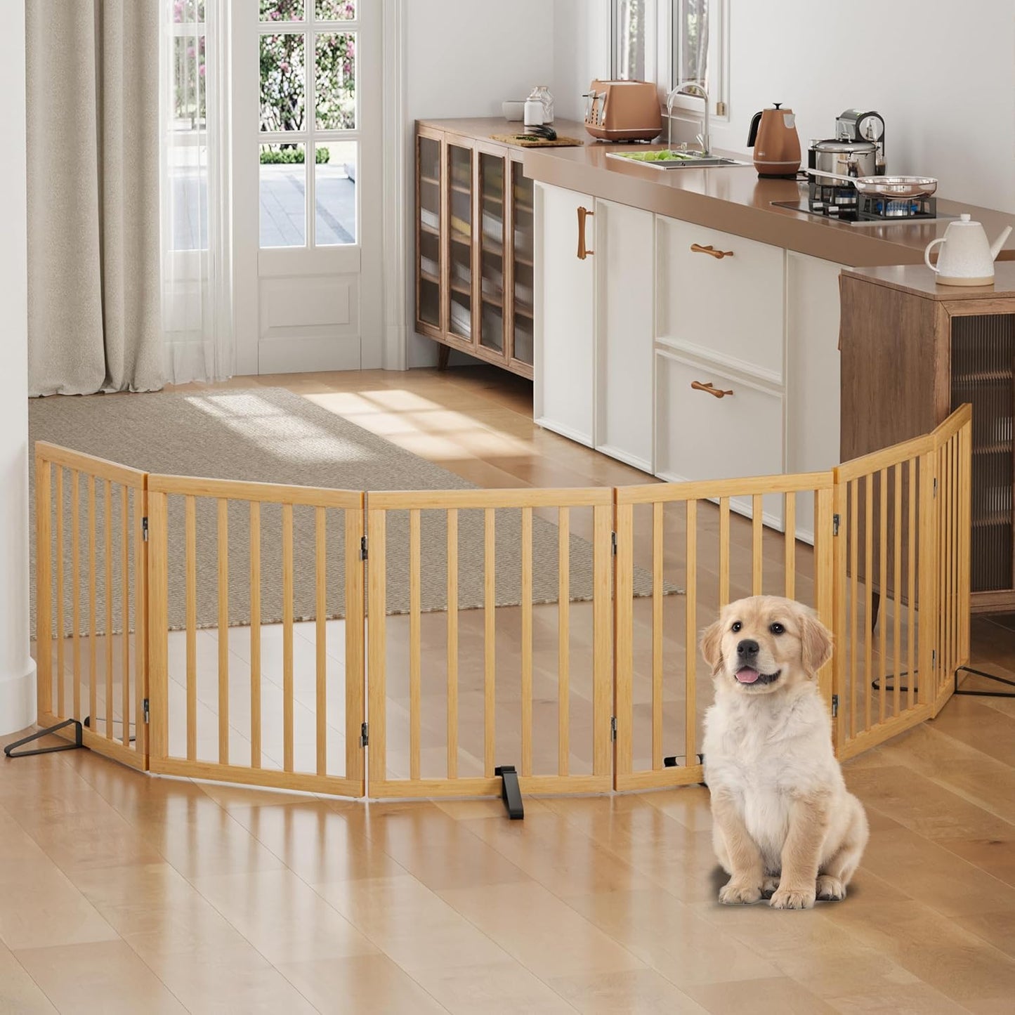 Freestanding Foldable Dog Gate - 4 Panel Room Divider with Metal Support Feet (Black)
