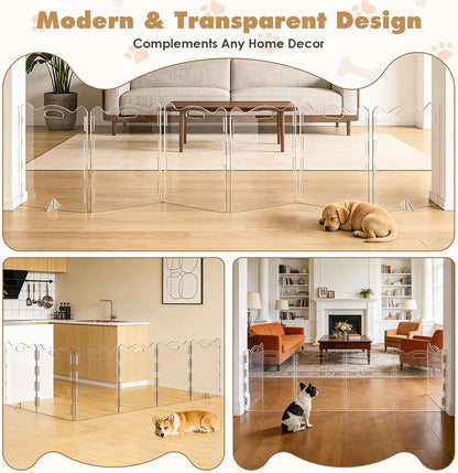 Extra-Wide Clear Acrylic Freestanding Dog Gate with Upgraded Hinges & Stable Support Feet, 6 Panel - 120''W x 24''H for Doorways, Stairs and Open Spaces, Foldable Pet Barrier for Small Puppy Cats