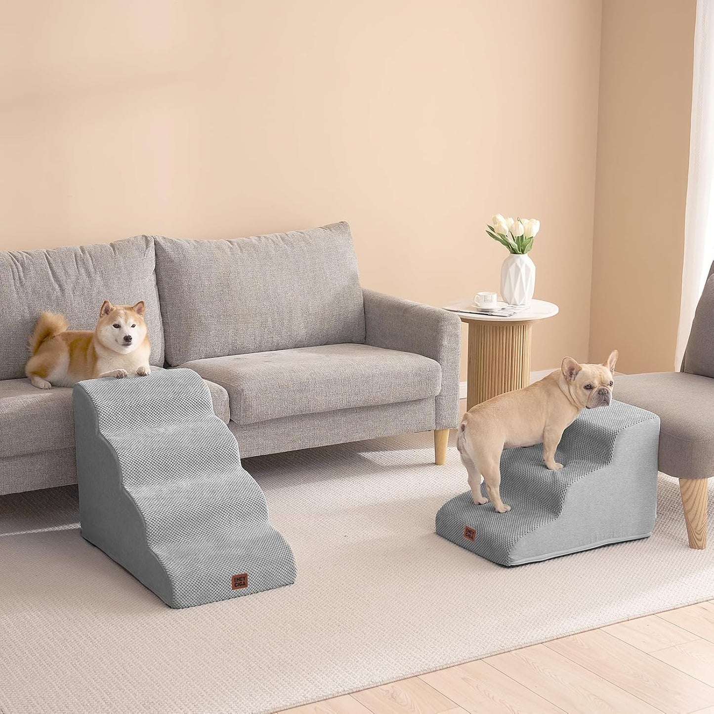 EHEYCIGA Curved Dog Stairs Ramp for High Beds 19.7" H, 4-Step Dog Steps for Small Dogs and Cats, Pet Stairs for High Bed Climbing, Non-Slip Balanced Pet Step Indoor, Grey